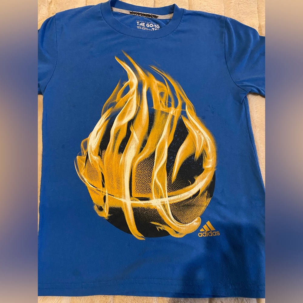 Adidas- Blue Short Sleeve, Flaming Basketball T-Shirt, Size 8